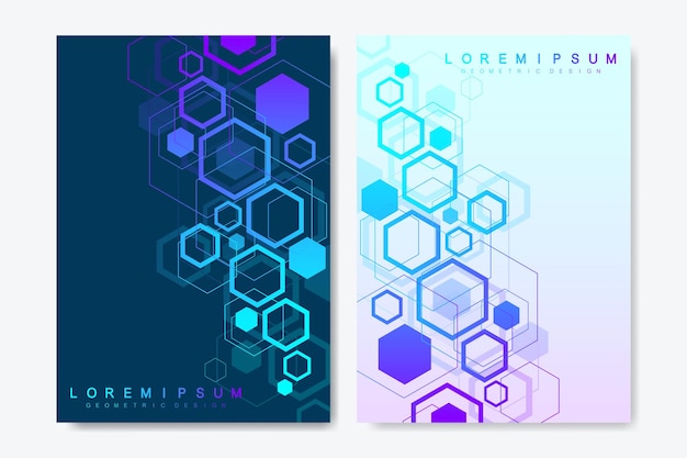 Modern vector templates for brochure, cover, banner, flyer, annual report, leaflet. Abstract art composition with hexagons, connecting lines and dots. Wave flow. Digital technology or medical concept.