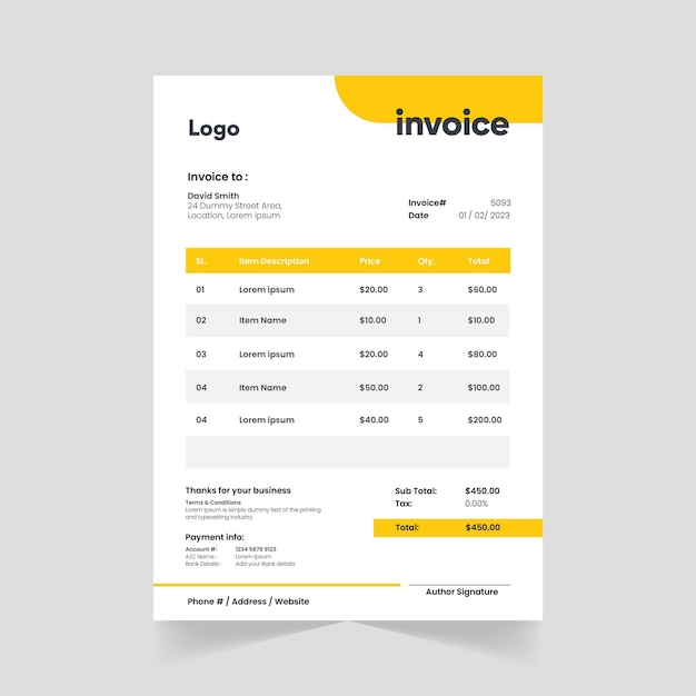 Modern Vector Yellow Color Invoice Design Template