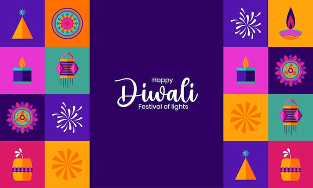 Vector modern and vibrant diwali design with diyas lanterns and firecrackers for indian festival diwali