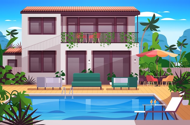 Modern villa with pool and garden empty nobody holiday house or hotel summer vacation resort concept