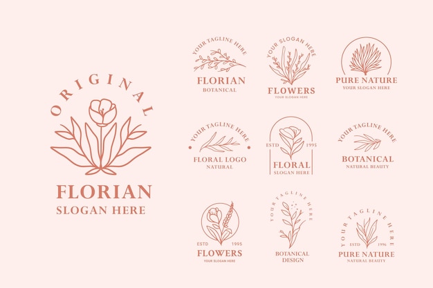 modern Vintage Pink Hand Drawn Floral Botanical Logo Illustration Design Set For Beauty Brand