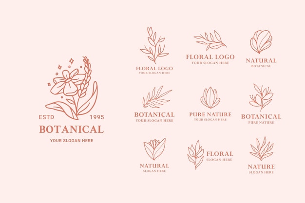 modern Vintage Pink Hand Drawn Floral Botanical Logo Illustration Design Set For Beauty Brand