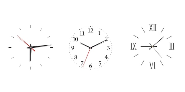 Modern wall clock set with roman and Arabic numerals in minimalism style. Classic icon with black wall clock on white background for concept design