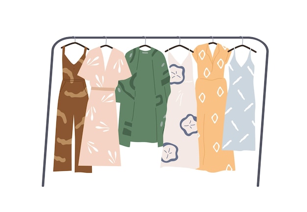 Modern wardrobe of summer clothing hanging on floor hanger rack. Casual women apparels. Collection of stylish garments. Dresses and overall with prints. Flat vector illustration isolated on white.