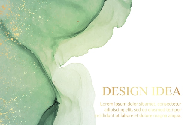 Modern watercolor background with abstract green ink waves and golden splashes