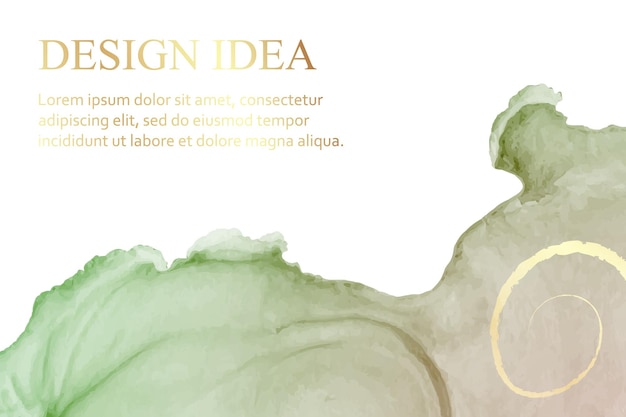 Modern watercolor background with abstract green ink waves and golden text