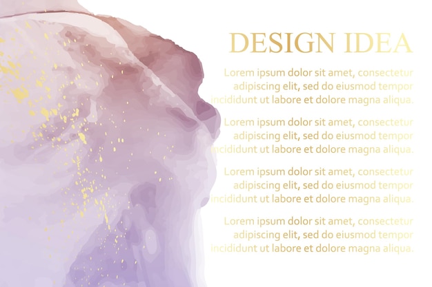 Modern watercolor background with abstract purple ink stain and golden splashes