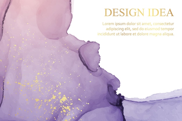 Modern watercolor background with abstract purple ink waves and golden splashes