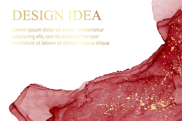 Modern watercolor background with abstract red ink waves and golden splashes