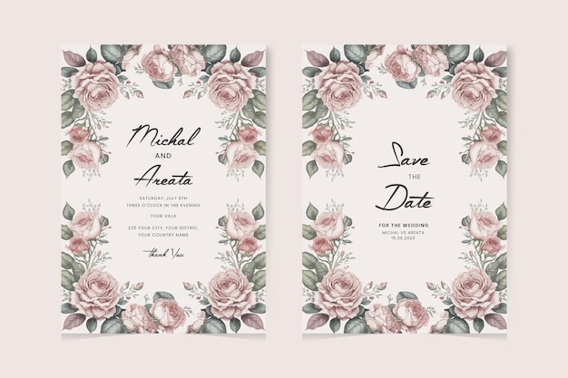 Modern wedding invitation card template with beautiful flower set