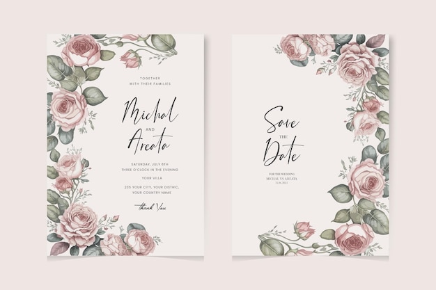 Modern wedding invitation card template with beautiful flower set