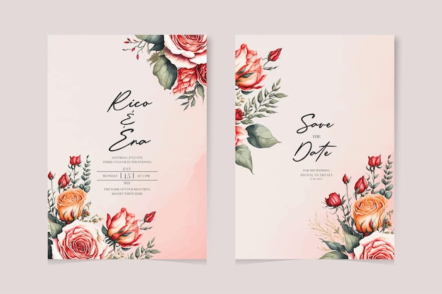 Modern wedding invitation card template with beautiful flower set