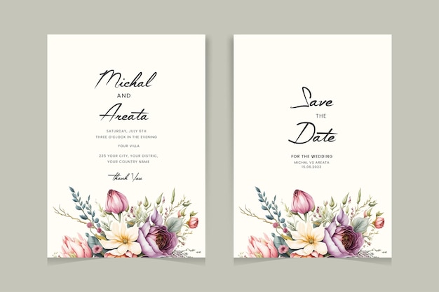 Vector modern wedding invitation card template with beautiful flower set