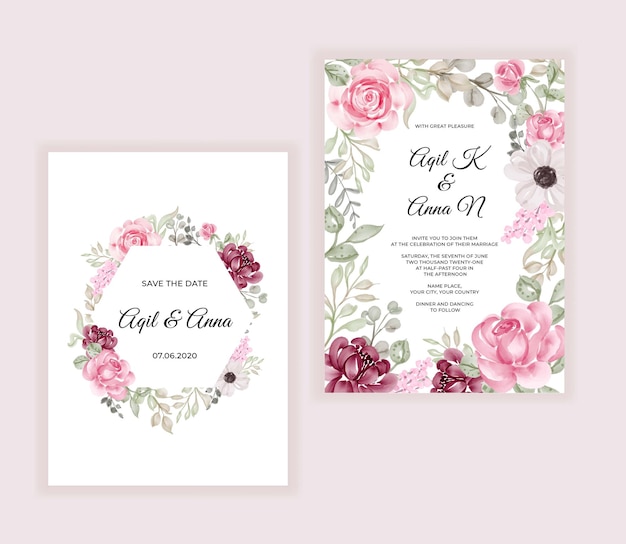 Modern wedding invitation card with beautiful flowers frame