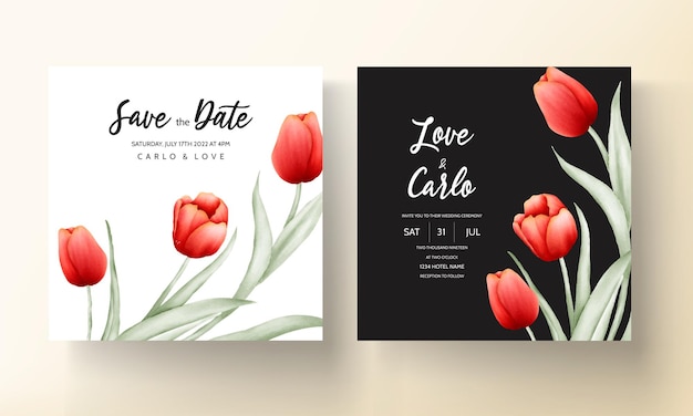 Modern wedding invitation card with beautiful red tulip flower