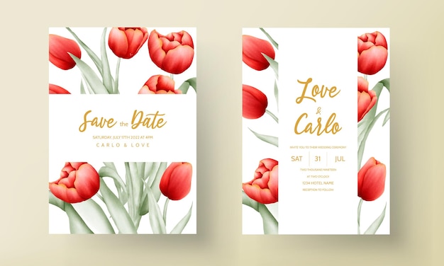 Modern wedding invitation card with beautiful red tulip flower