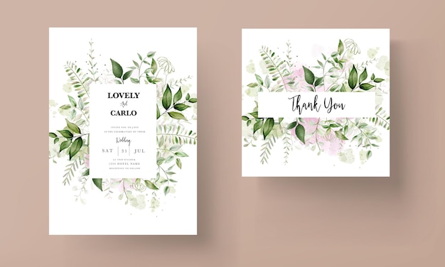 Vector modern wedding invitation card with watercolor leaves