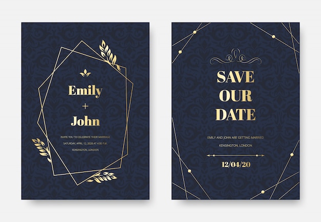 Modern wedding invitation. Elegant invite card, vintage damask floral sprigs ornament pattern and premium label frame set