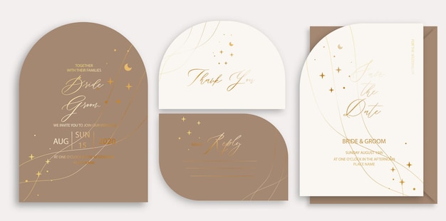 Modern wedding invitation template arch shape with gold moon and star and handmade calligraphy