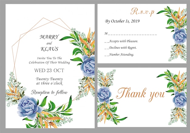 Modern wedding invitation with thank you and rsvp card