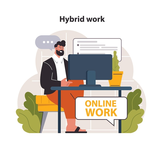 Modern wellbeing practice Hybrid work Male character with a flexible schedule working from home Telework and outsource Digital nomad or freelancer idea Flat vector illustration