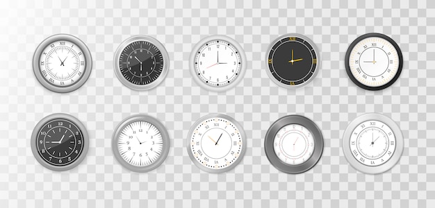 Modern white, black round wall clocks, black watch face and time watch mockup. White and black wall office clock icon set. Mock-up for branding and advertising.