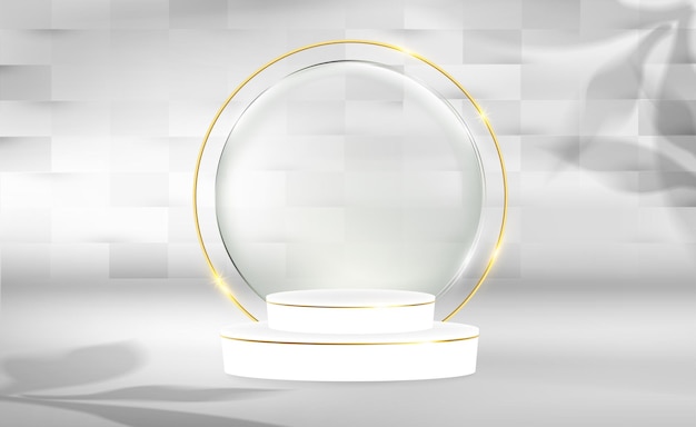 Modern white and gold cylinder pedestal podium. Silver color minimal wall scene with white and shiny golden circle backdrop. Vector rendering 3d shape, Product display presentation. Abstract room.