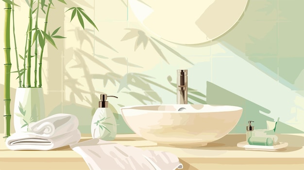 Modern White Sink with Bath Accessories and Vase with Bamboo Stem