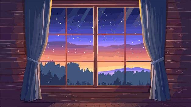 Vector modern window in wooden frame with elegant curtain and beautiful night landscape view