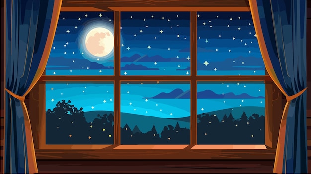 Vector modern window in wooden frame with elegant curtain and beautiful night landscape view