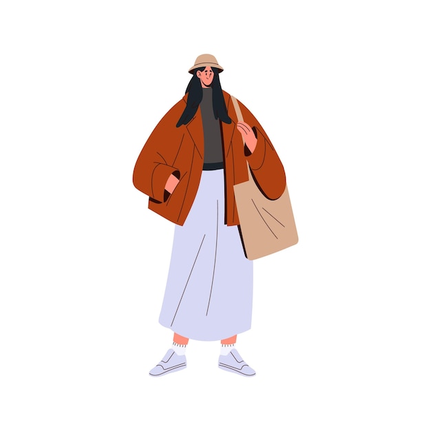 Modern woman in casual fashion outfit Young girl wearing stylish clothes street apparel Pretty female in panama skirt jacket with tote bag Flat vector illustration isolated on white background