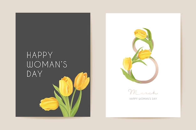 Modern Woman day 8 March holiday card. Spring floral vector illustration. Greeting realistic tulip flowers template, luxury flower background, international women day concept flyer, party design