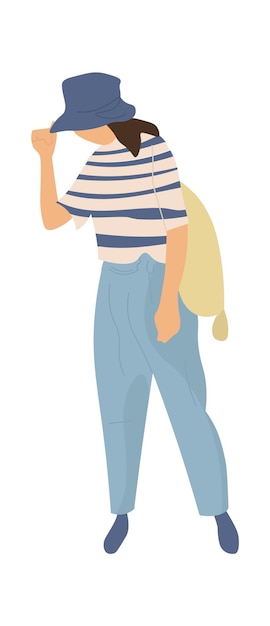 Modern woman walking Female character going for a walk in park Leisure activities girl walking outdoors in jeans tshirt and hat Trendy clothes combination idea vector flat isolated illustration