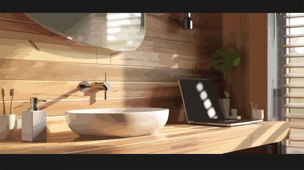 Vector modern wooden bathroom counter with sink and laptop