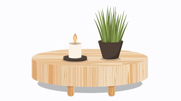 Vector modern wooden drum coffee table with potted plant for interior decor