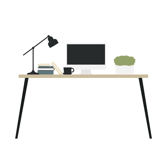 Modern work table with computer lamp and books furniture interior decor design