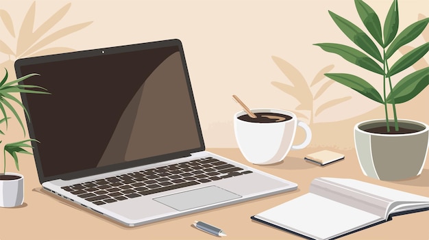 Modern Workspace with Laptop Coffee and Notepad on Beige Background