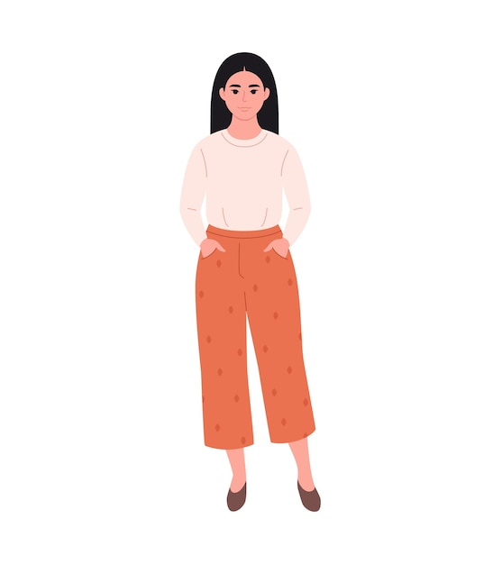 Modern young asian woman in casual outfit Stylish fashionable look Hand drawn vector illustration