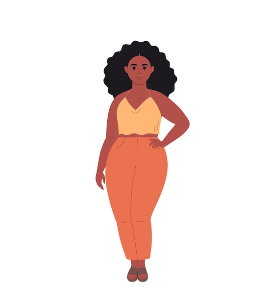 Modern young black woman in casual outfit. Stylish fashionable look. Hand drawn vector illustration