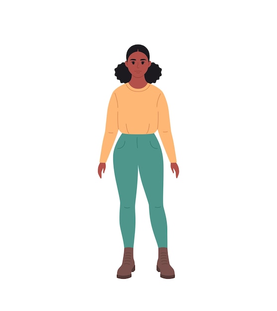 Modern young black woman in casual outfit. Stylish fashionable look. Hand drawn vector illustration