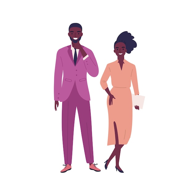 Modern young dark skin couple wearing formal official outfit. Stylish woman, holding papers, and man posing in pink costume. Flat vector cartoon illustration isolated on white background.