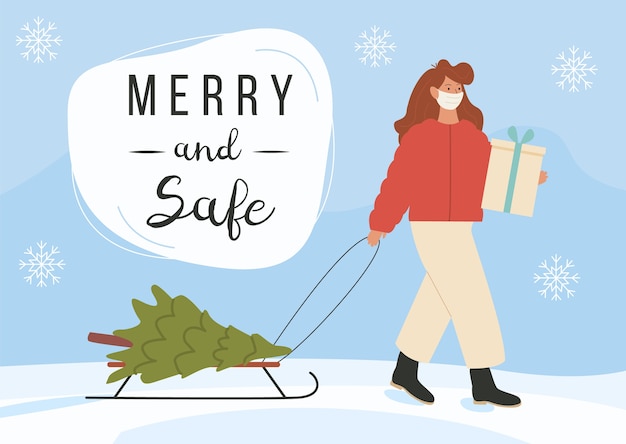 Modern young girl carries gift, fir tree on sled wearing face mask on winter background.