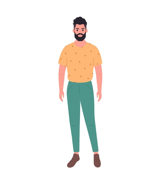 Modern young man in casual outfit. Stylish fashionable look. Hand drawn vector illustration