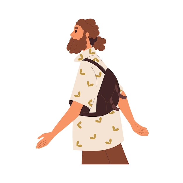 Modern young man profile, going in fashion apparel. Bearded guy with curly hair walking, wearing crossbody bag, trendy casual clothes. Flat vector illustration isolated on white background