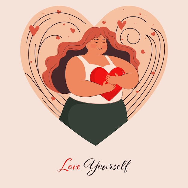 Modern Young Woman Character Hugging A Red Heart On Peach Heart Shape Background For Love Yourself Valentine's Day Greeting Card