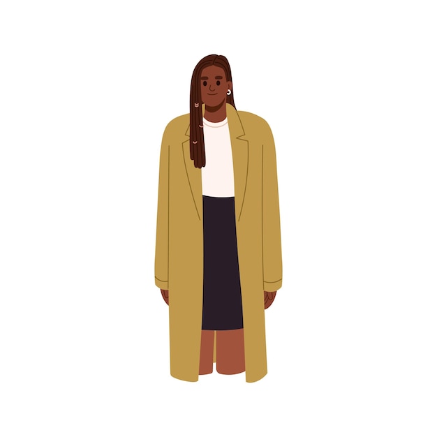 Modern young woman in fashion apparel AfricanAmerican girl wearing spring coat skirt blouse Female with dreads in casual clothes outfit Flat vector illustration isolated on white background