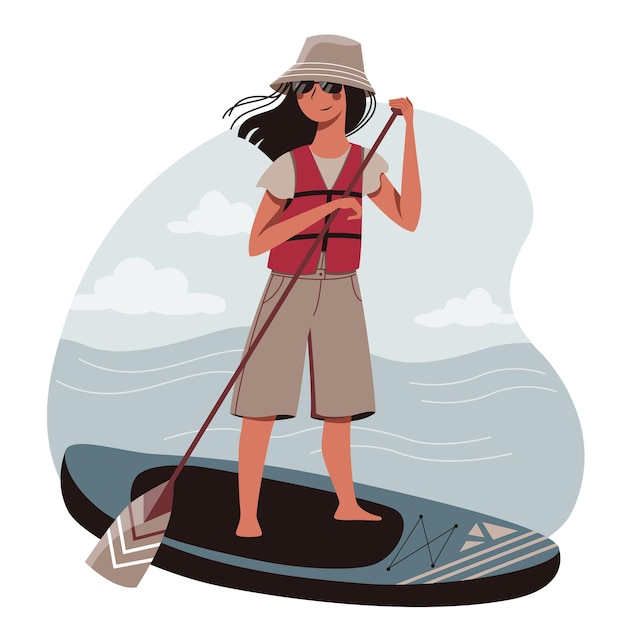 Modern young woman with a paddle swimming on the sup board Summer activiti sport Vector illustration with a stylish girl