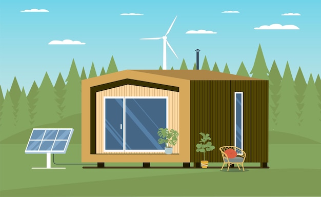 Modular tiny house with solar panel and wind turbine isolated Vector illustration