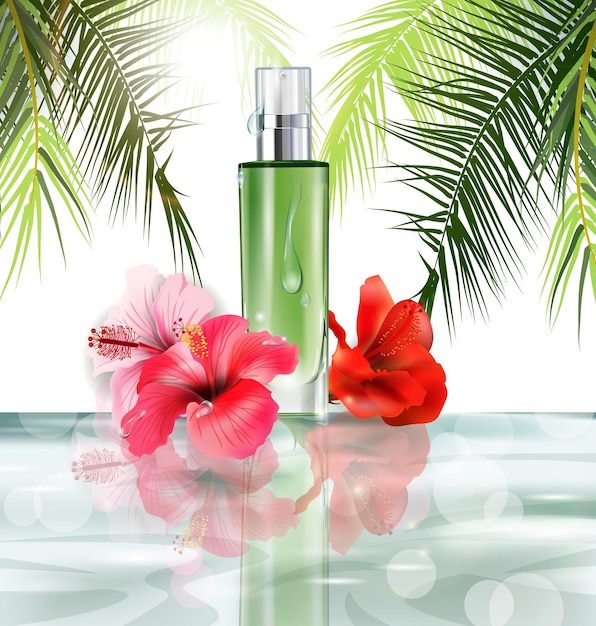 moisturizing cosmetic premium products against the background of palm leaves and water