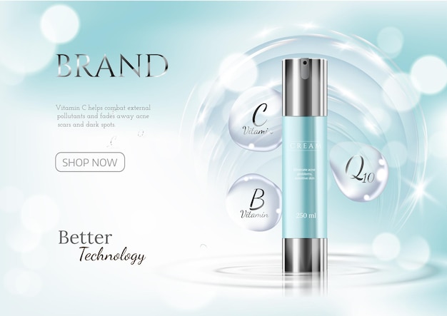 Moisturizing luxury cosmetic products and, light blue bokeh background with extract in bubble effect beautiful containers and watery texture in 3d illustration